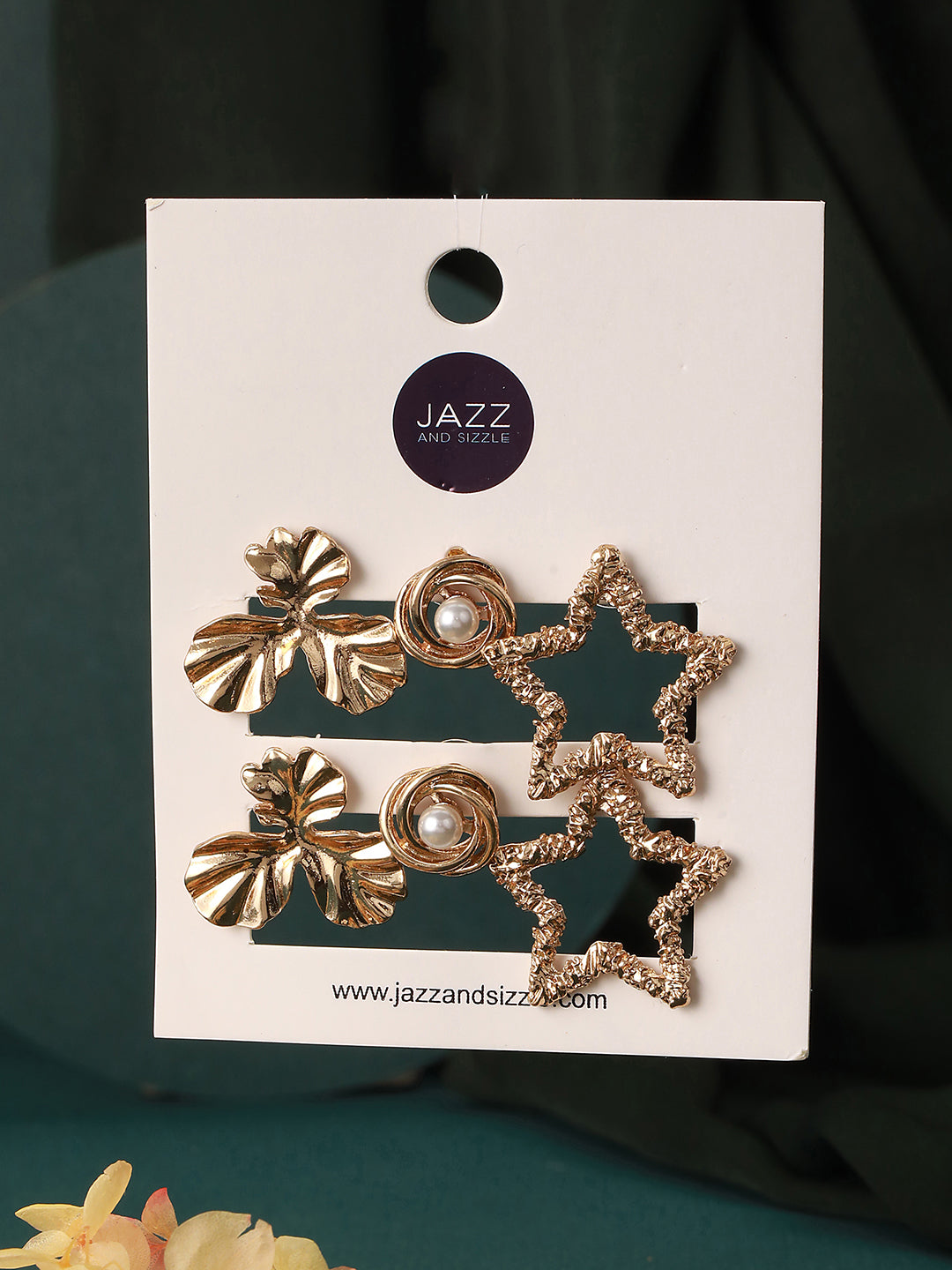 Set Of 3 Gold Plated Star & Floral Shaped Stud Earrings