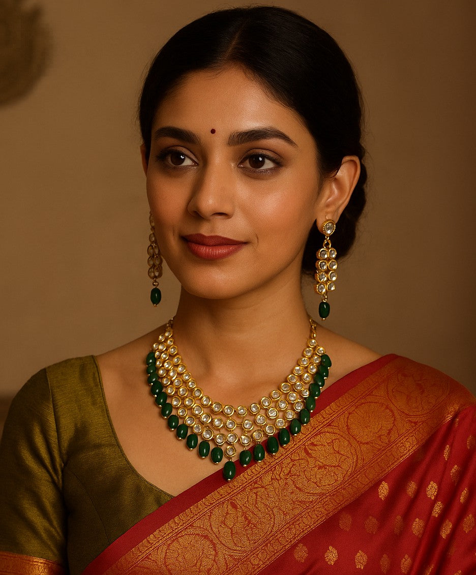 Green Gold-Plated Bridal Kundan Layered Jewellery Set