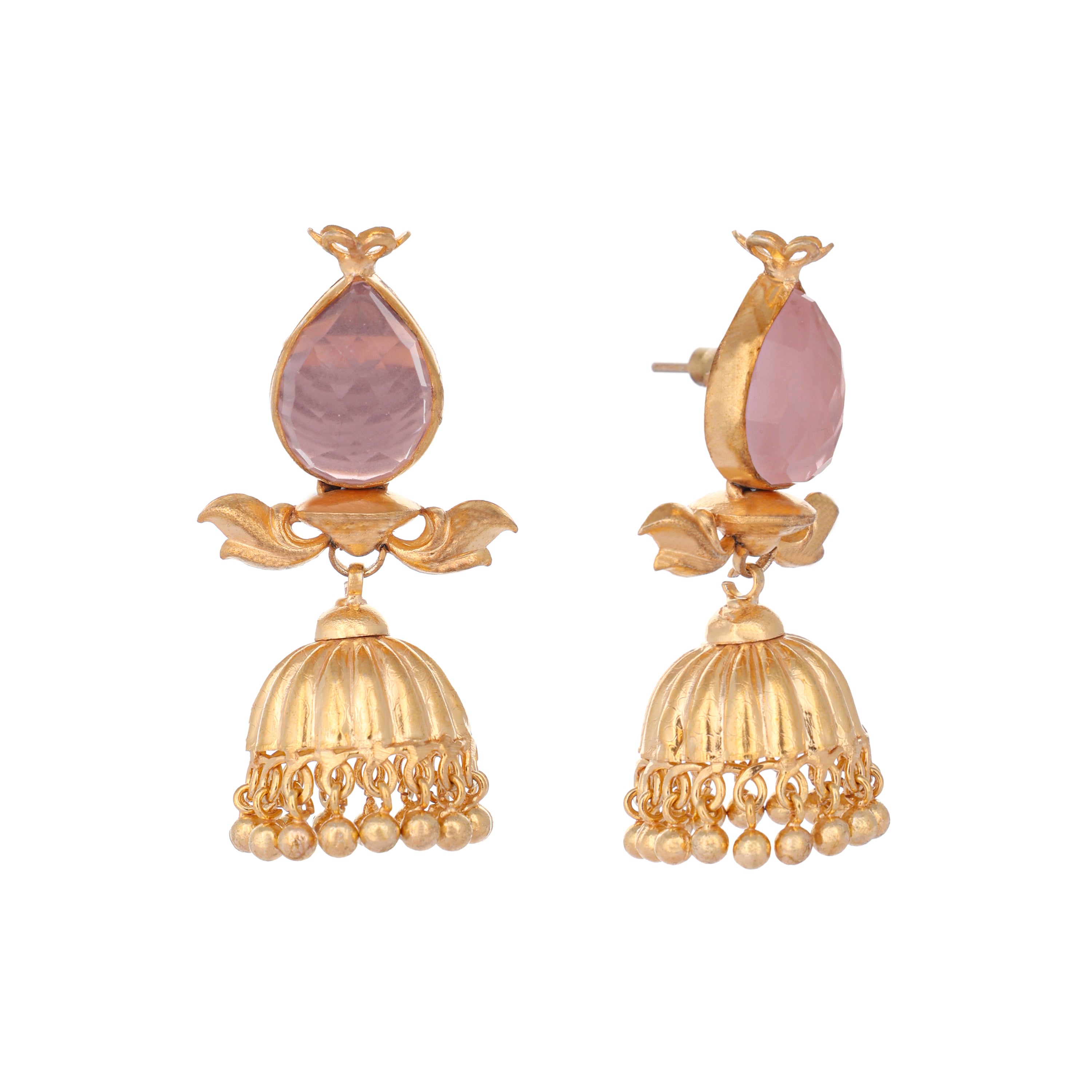 22K Gold Plated Rose Quartz Stone Ethnic Jhumkas