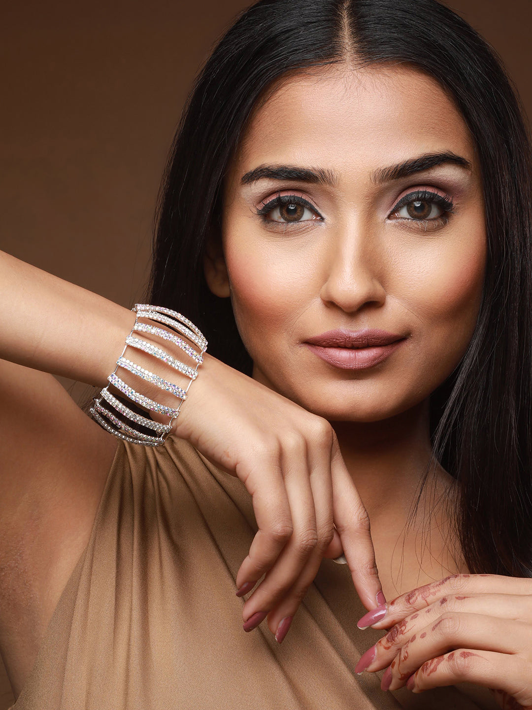 Silver-Plated Crystal-Studded Cuff Bracelet