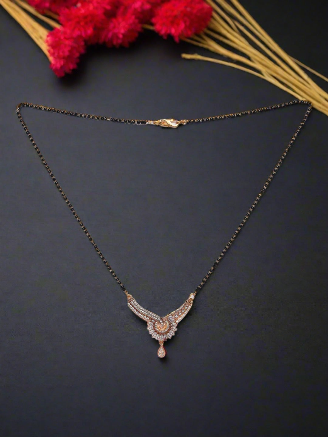 Rose Gold-Plated & Ad-Studded Black Beaded Mangal Sutra With Earrings
