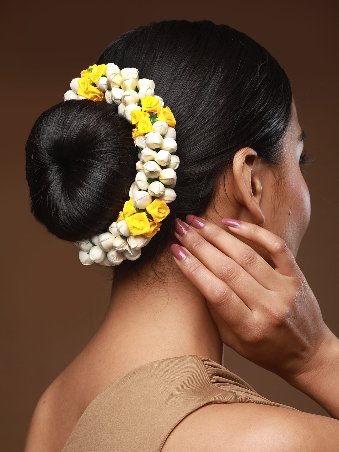 Women Yellow Rose & White Mogra Artificial Flower Gajra Floral Hair Bun