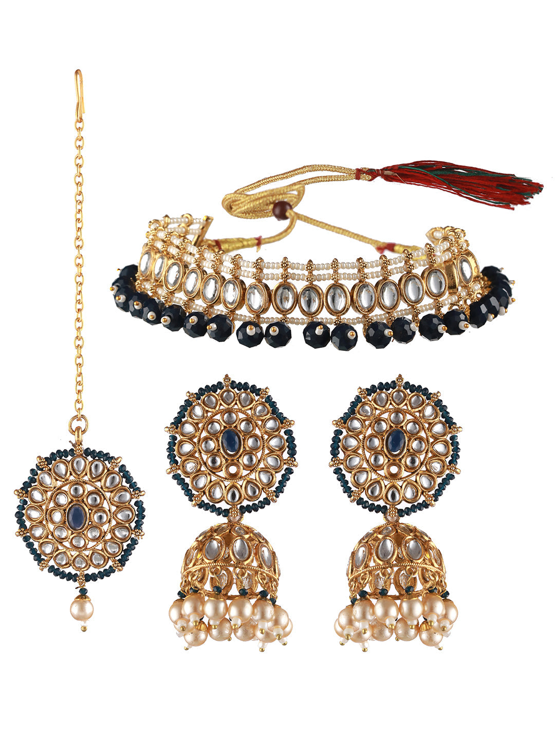 Gold-Plated Blue& White Kundan Studded & Beaded Choker Jewellery Set With Maangtikka