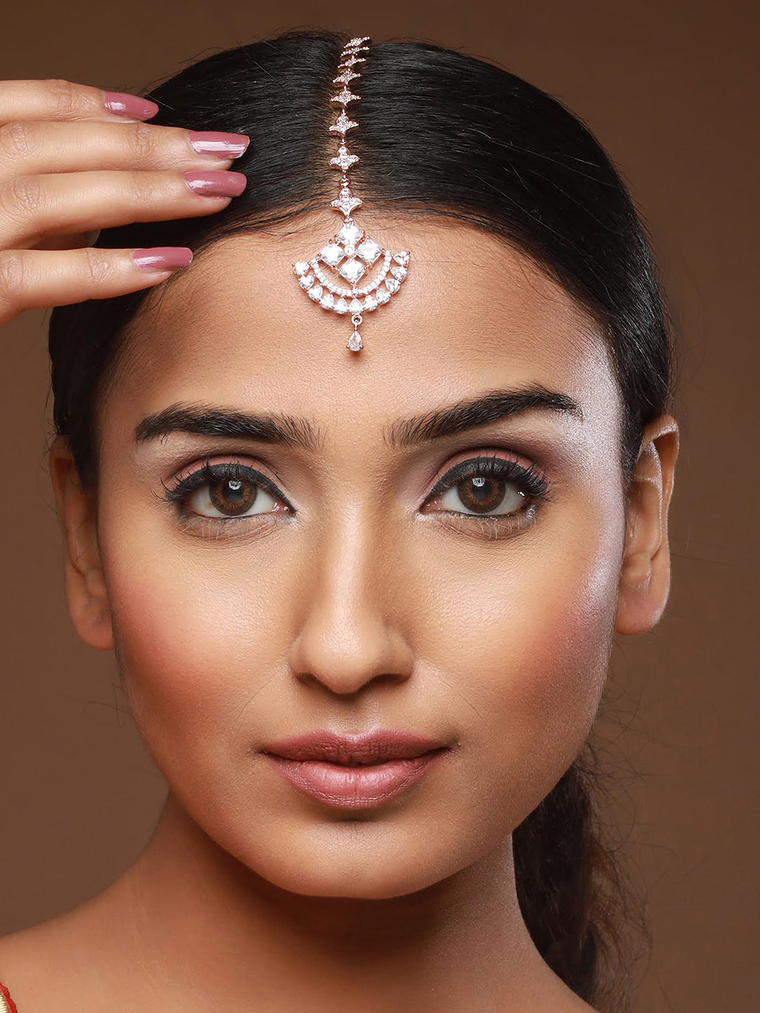Rose Gold-Plated White D-Studded Handcrafted Maang Tikka