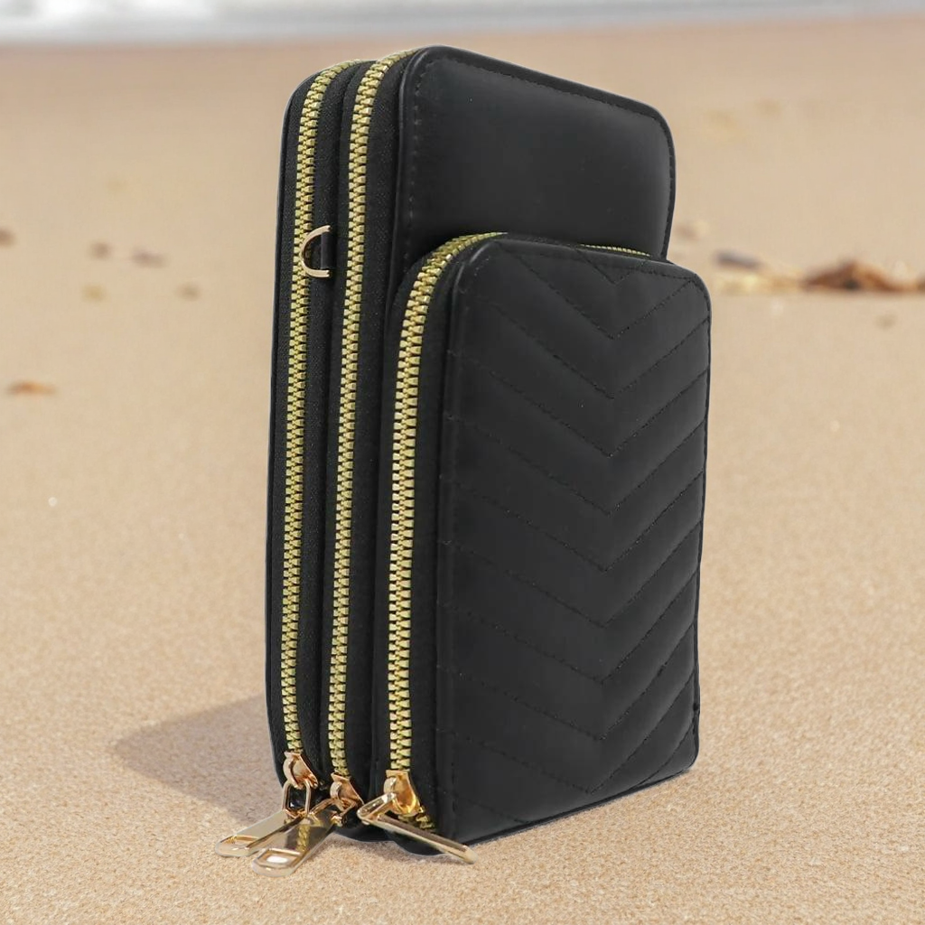 Black Quilted Multi-Compartment Crossbody Sling Bag