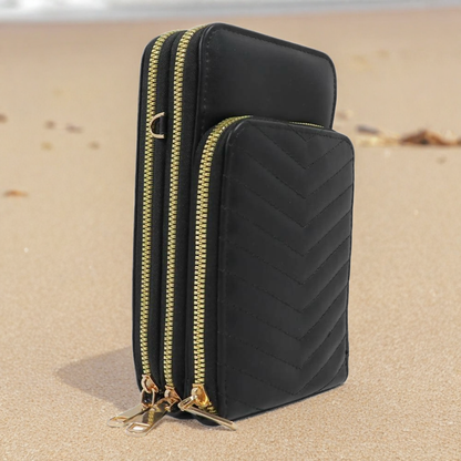 Black Quilted Multi-Compartment Crossbody Sling Bag