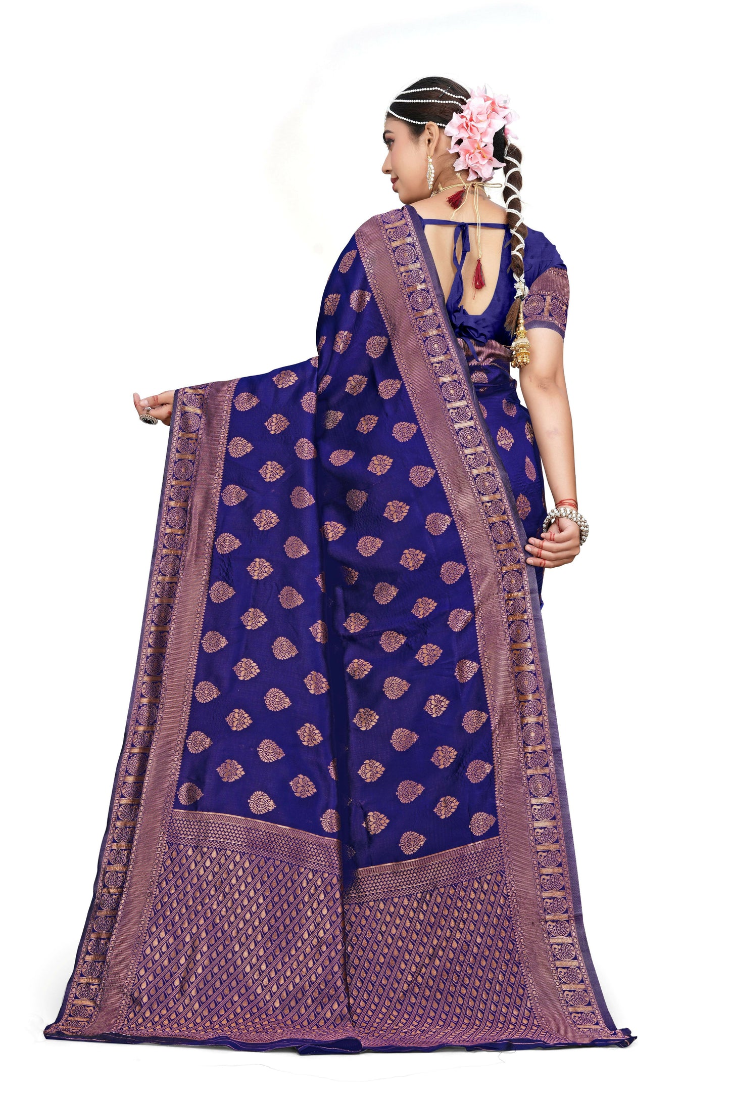 AXONIT Royal Blue Banarasi Silk Saree with Heavy Golden Zari Border & Pallu