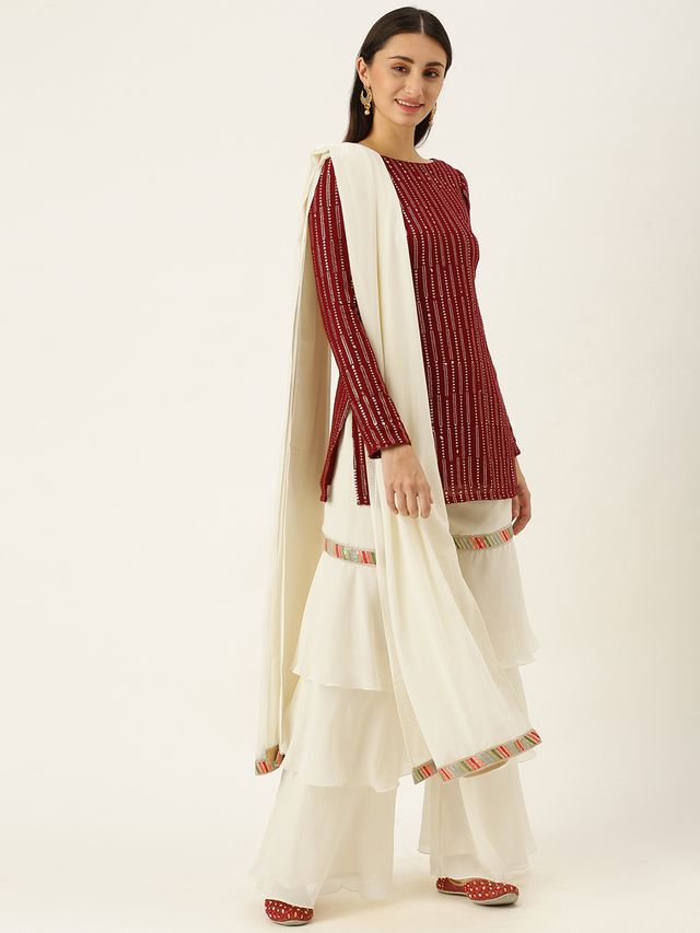 Bollywood Vogue Ready To Wear Off White N Maroon Embroidered Layered Gharara Suit
