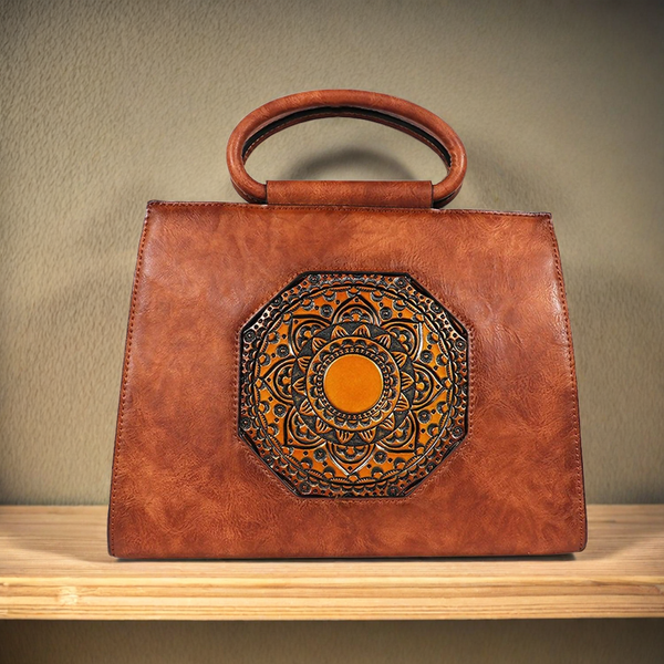 Vintage PU Leather Handbag with Mandala Embossed Design – Boho Chic