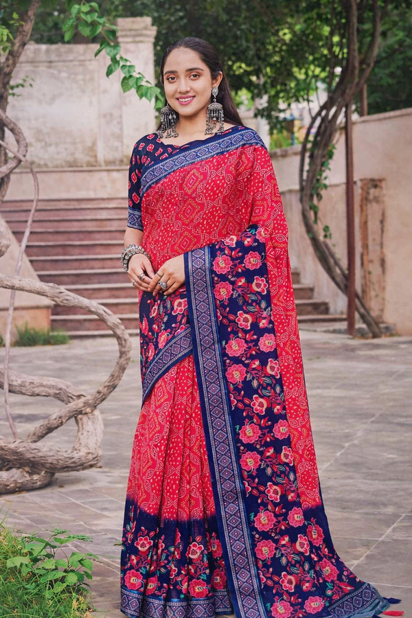 Ruby Loom Linen Cotton Saree with Geometric Pallu & Floral Border Kalyani silks and sarees