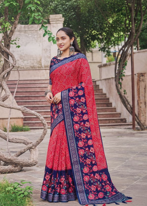 Ruby Loom Linen Cotton Saree with Geometric Pallu & Floral Border Kalyani silks and sarees