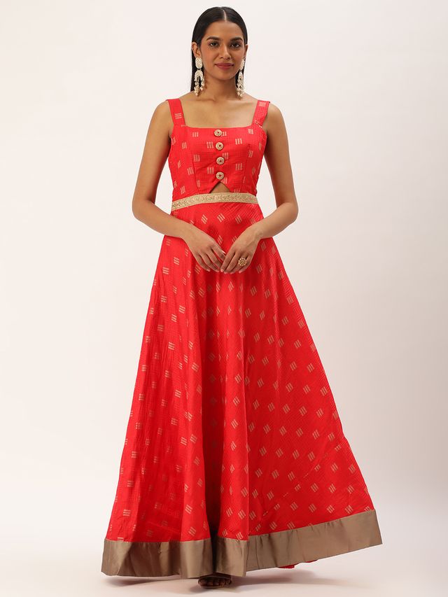 Bollywood Vogue Ready To Wear Red Art Silk Strap Neck Style Maxi Dress