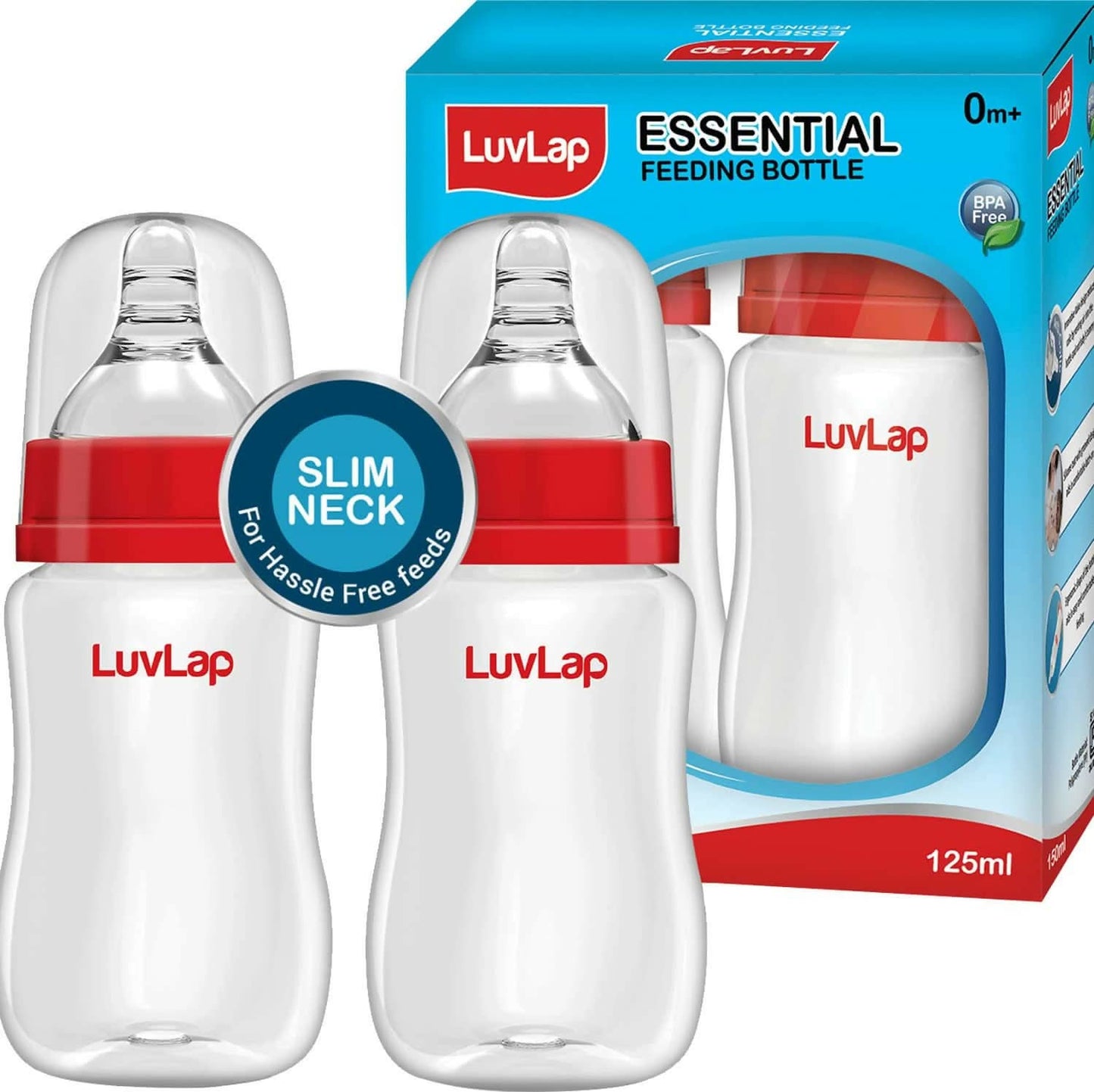 Luvlap Anti-Colic Slim/Regular Neck Essential Baby Feeding Bottle 125ml Pack Of 2 Bpa Free