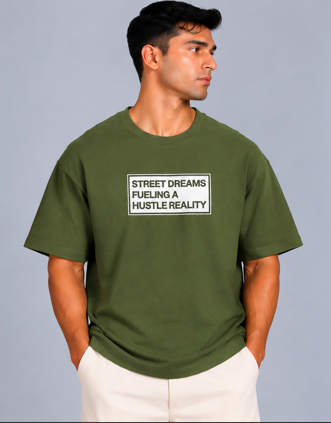 HUSTLE Men's Crew Neck Oversized T-Shirt – Dark Olive Green