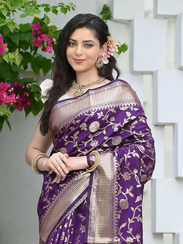 AXONIT Soft Silk Saree with Golden Zari Floral & Peacock Weaving