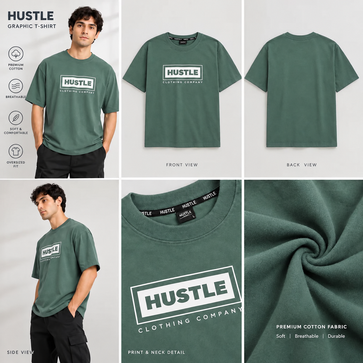 Men's Oversized Hustle Graphic T-Shirt – Slate Blue Relaxed Fit Cotton Tee