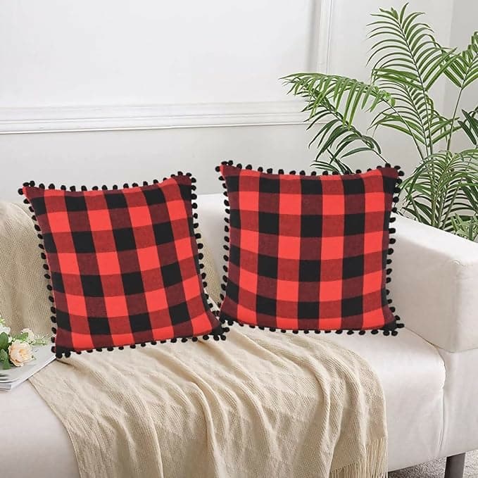 Lushomes Square Cushion Cover with Pom Pom, Cotton Sofa Pillow Cover Set of 2, 18x18 Inch, Big Checks( 45x45cm, multi-color) - HalfPe