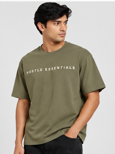 HUSTLE Men's Crew Neck Oversized T-Shirt – Muted Olive Green