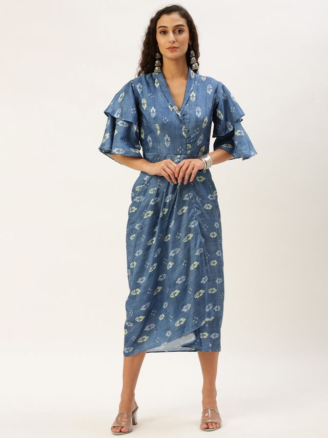 Bollywood Vogue Ready To Wear Blue Digital Printed Art Silk Pleated Dress