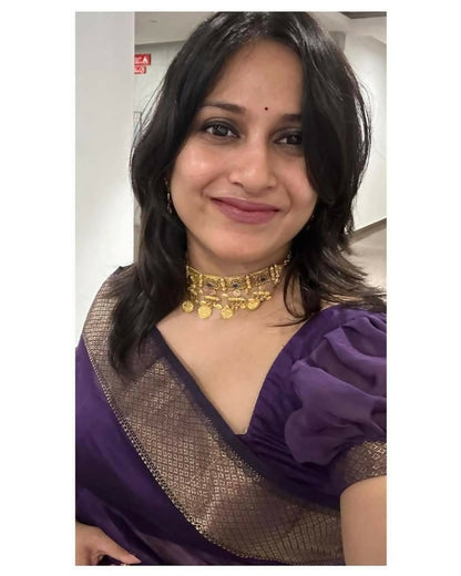 AXONIT Traditional Violet Cotton Saree Crafted with Delicate Golden Zari Butti and Royal Border