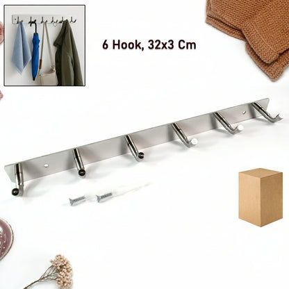 Stainless Steel Wall Mounted Coat 6 Hook Rack (32x3  1pc)