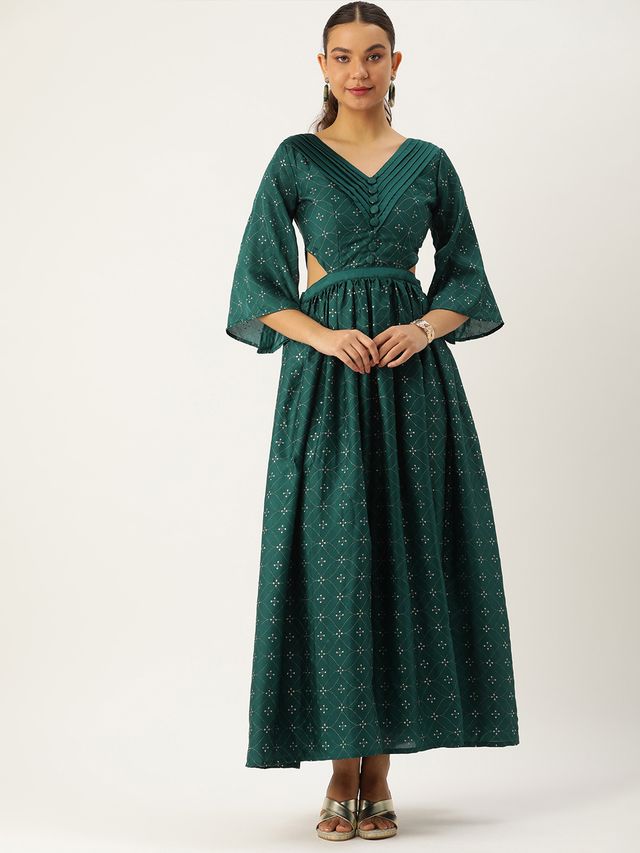 Bollywood Vogue Ready To Wear Teal Green Art Silk Foil Printed Maxi Dress