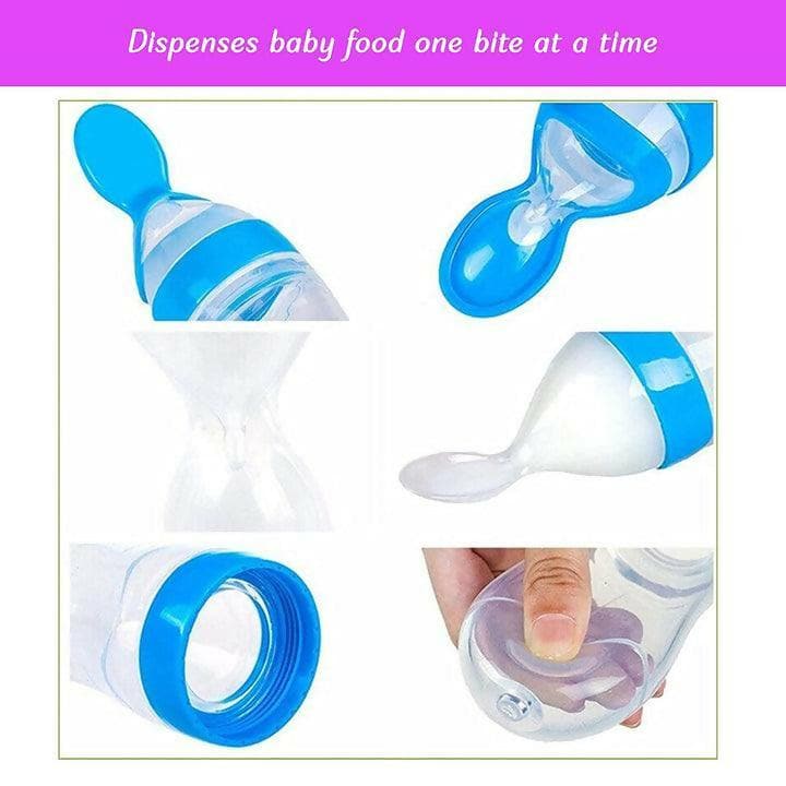 Safe-O-Kid 2 Easy Squeezy Silicone Food Feeder Spoon (Soft Tip) Bottle, 90ml, (Pack Of 2 - Multicolour) - HalfPe