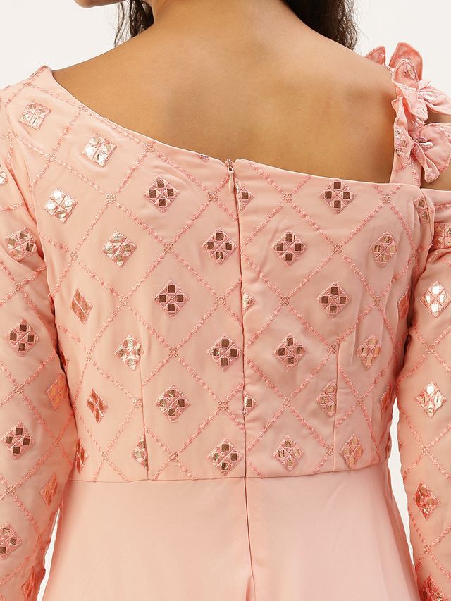 Bollywood Vogue Ready To Wear Peach Georgette Sequins One Shoulder Style Gown