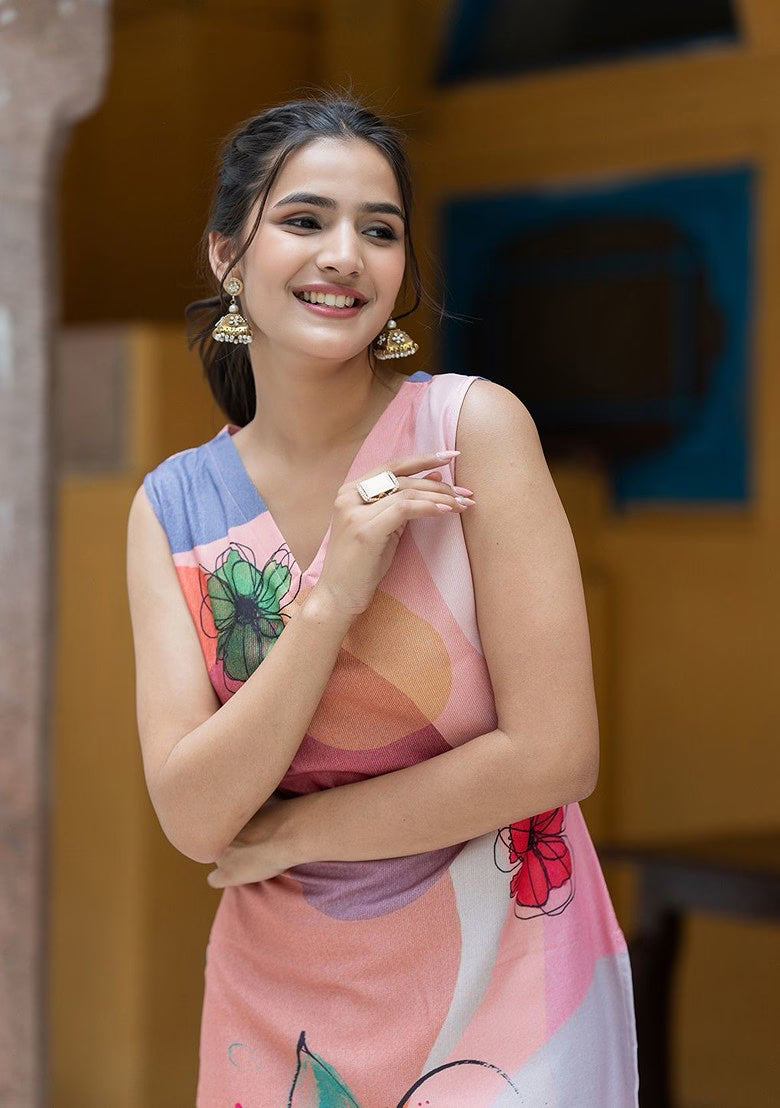 Floral Printed V-Neck Sleeveless Straight Kurta, Peach