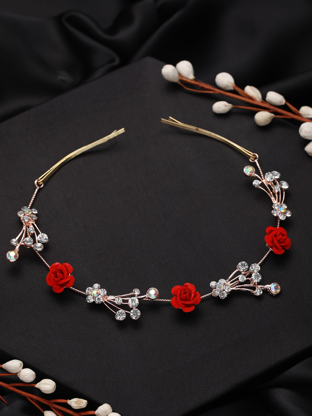 Women Red-Coloured Rose & White Embellished Hand Made Pearl Floral Hair Vine