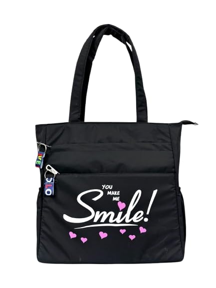 Buddy Cares Smile Shoulder Bag for Women – Tote Bag with "You Make Me Smile" Print – Black