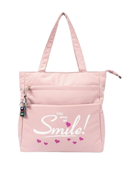 Buddy Cares Smile Shoulder Bag for Women – Tote Bag with "You Make Me Smile" Print – Baby Pink