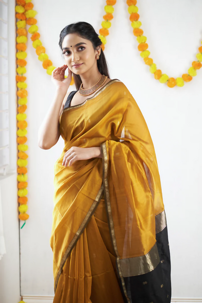 AXONIT Premium Golden Cotton Saree with Lightweight Fabric, Elegant Zari Border, and Traditional Finish