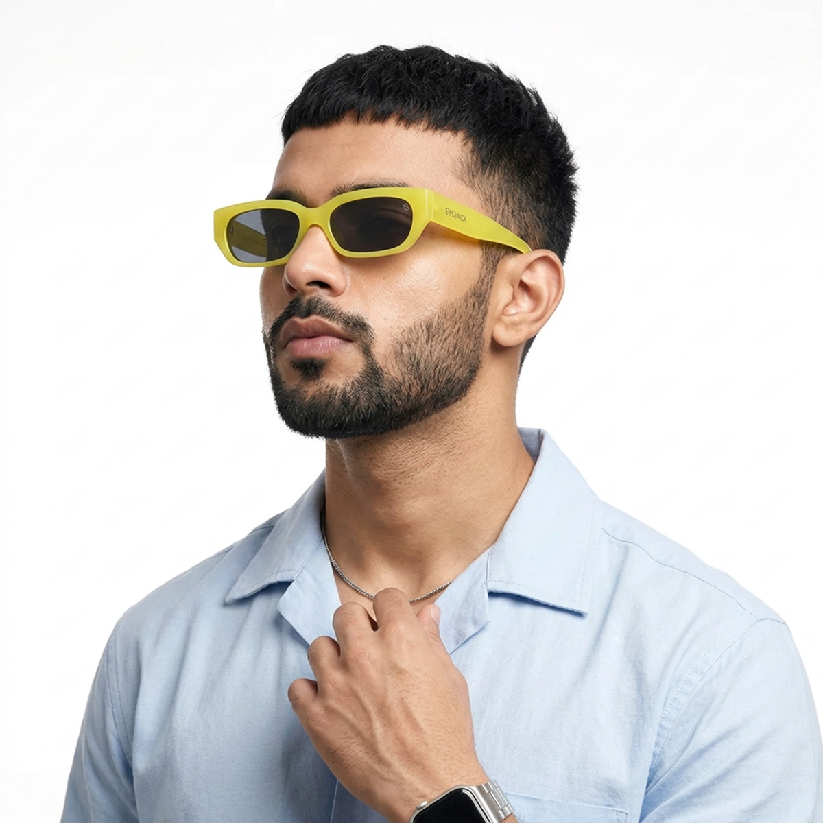 Eyejack Yellow Rectangle Sunglasses for Men and Women - worn by a male model (image 1)