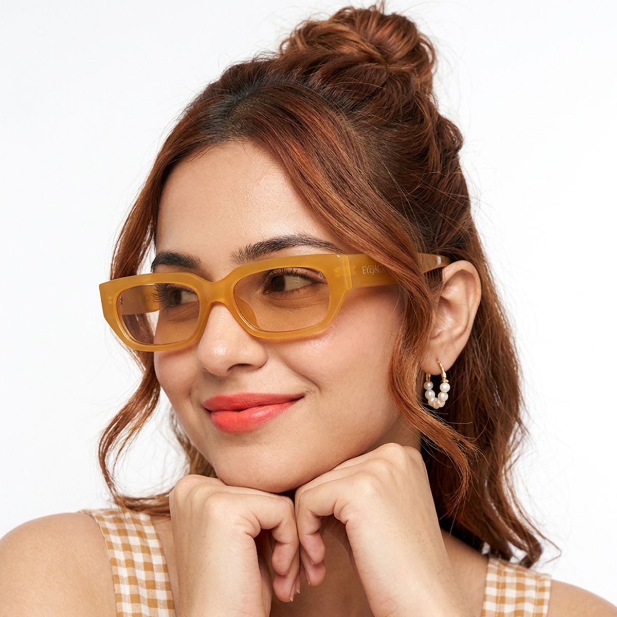 Eyejack Orange Rectangle Sunglasses for Men and Women - Style L984 - worn by a male model (image 3)