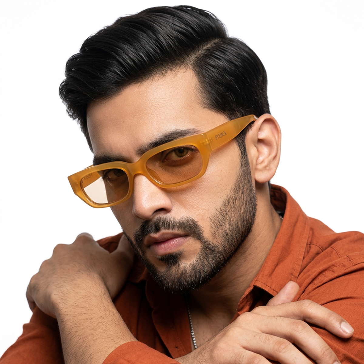Eyejack Orange Rectangle Sunglasses for Men and Women - Style L984 - worn by a male model (image 1)