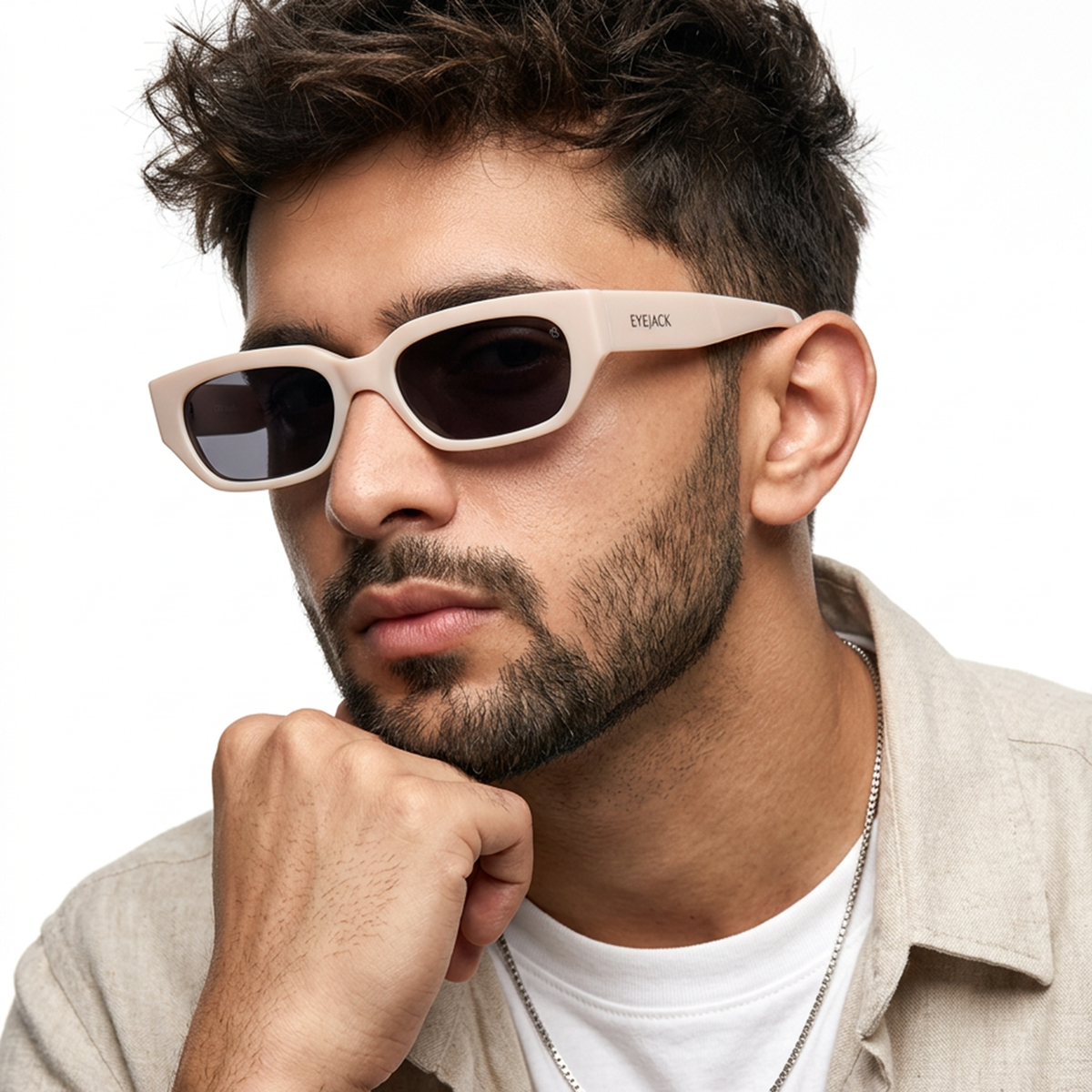 Eyejack White Rectangle Sunglasses for Men and Women - Style L987 - worn by a male model (image 1)