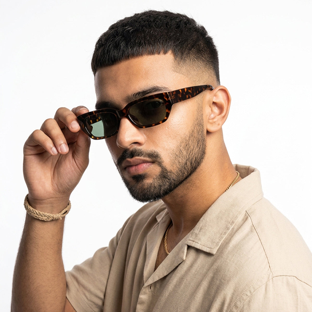 Eyejack Demi Brown Rectangle Sunglasses for Men and Women - Style L989 - worn by a male model (image 1)