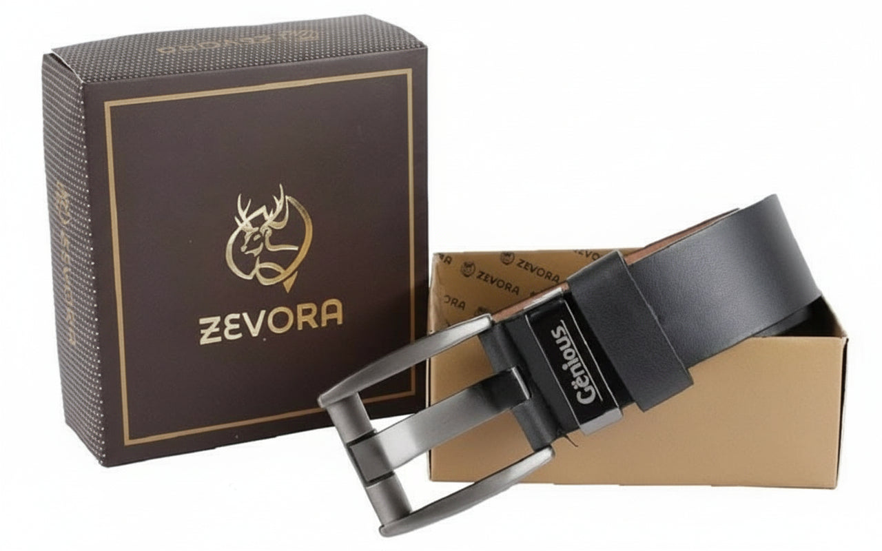 ZEVORA Men Formal Black Genuine Leather Belt - HalfPe
