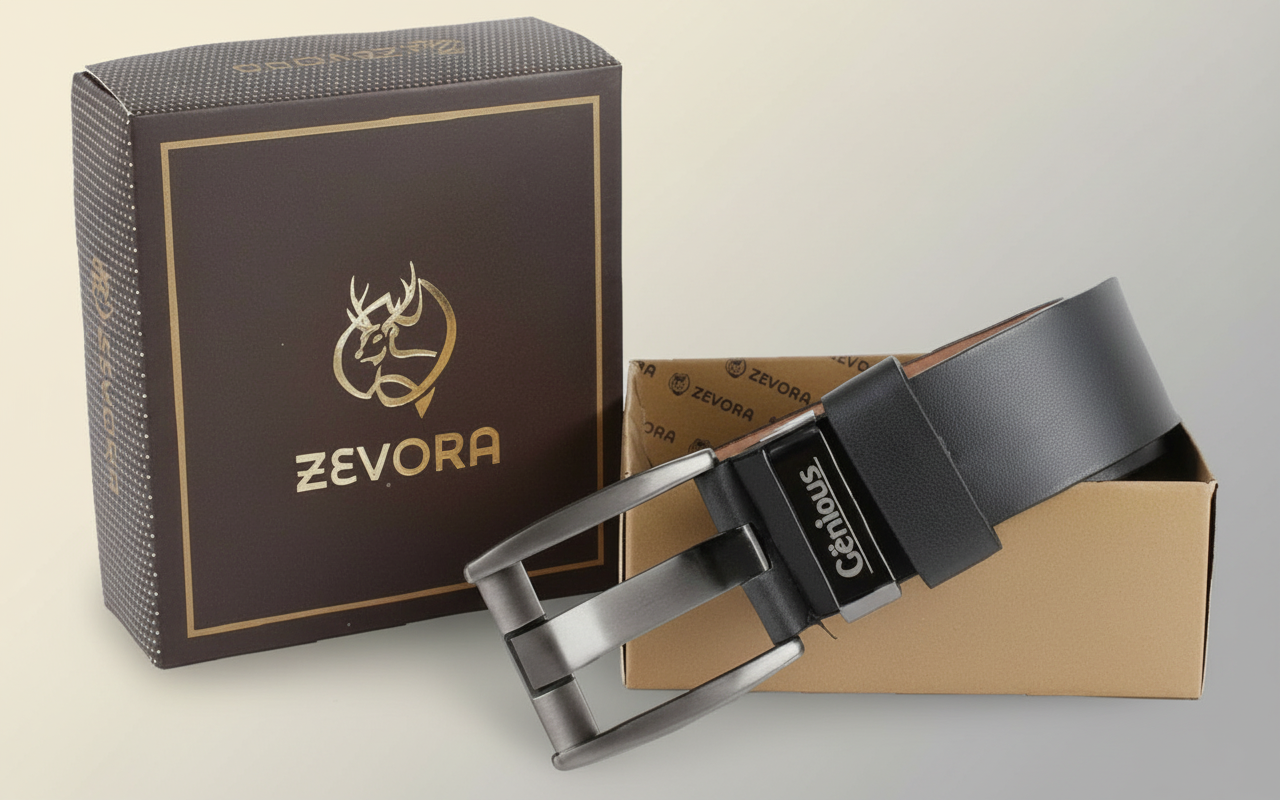 ZEVORA Men Formal Black Genuine Leather Belt
