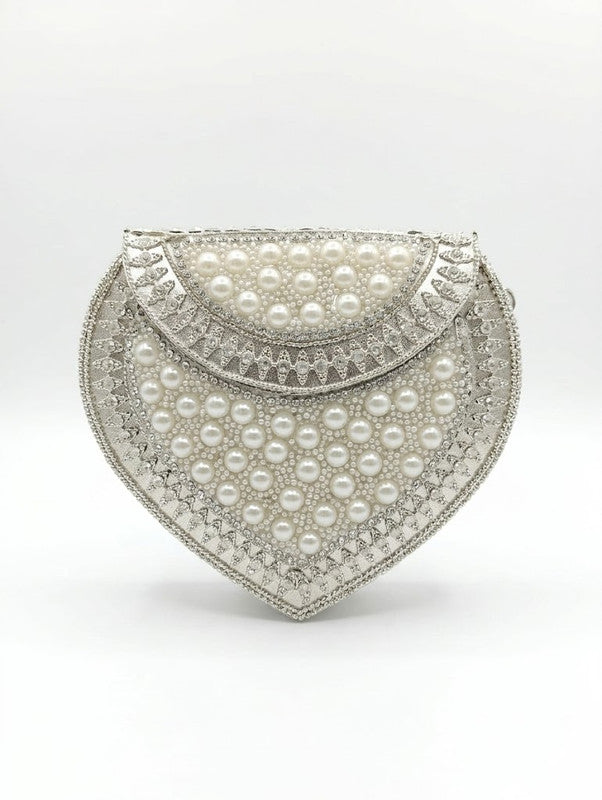 Buddy Cares Metal Bag for Women, Silver Pearl Embellished Clutch Purse with Chain Strap – Heart – Buddy Cares