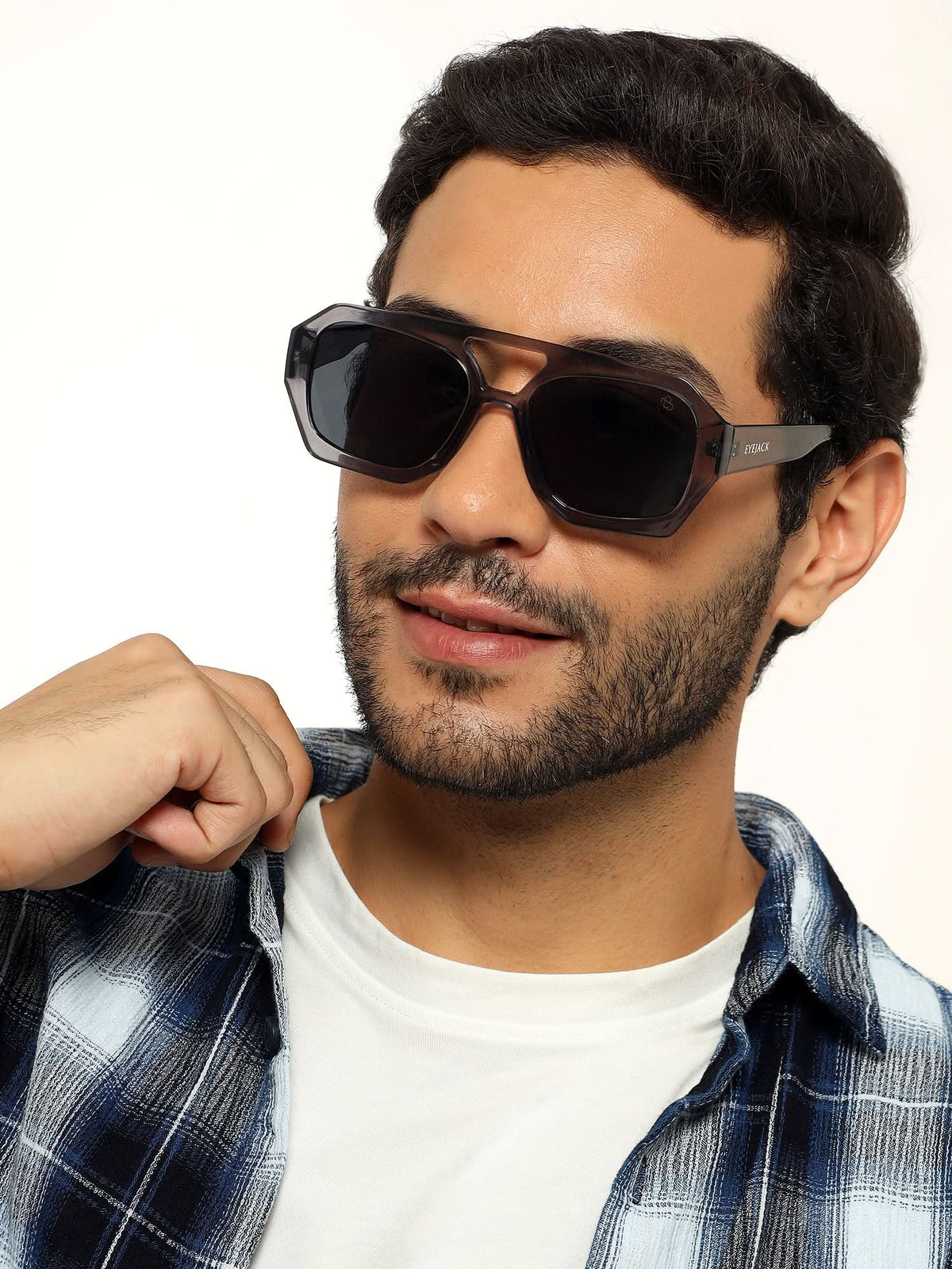 Eyejack Grey Wayfarer Sunglasses for Men and Women - Style 1005 - worn by a male model (image 1)