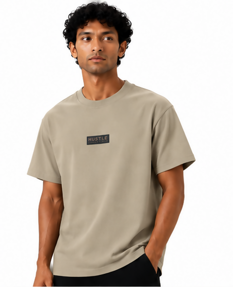 HUSTLE Men's Crew Neck Oversized T-Shirt – Beige Cream
