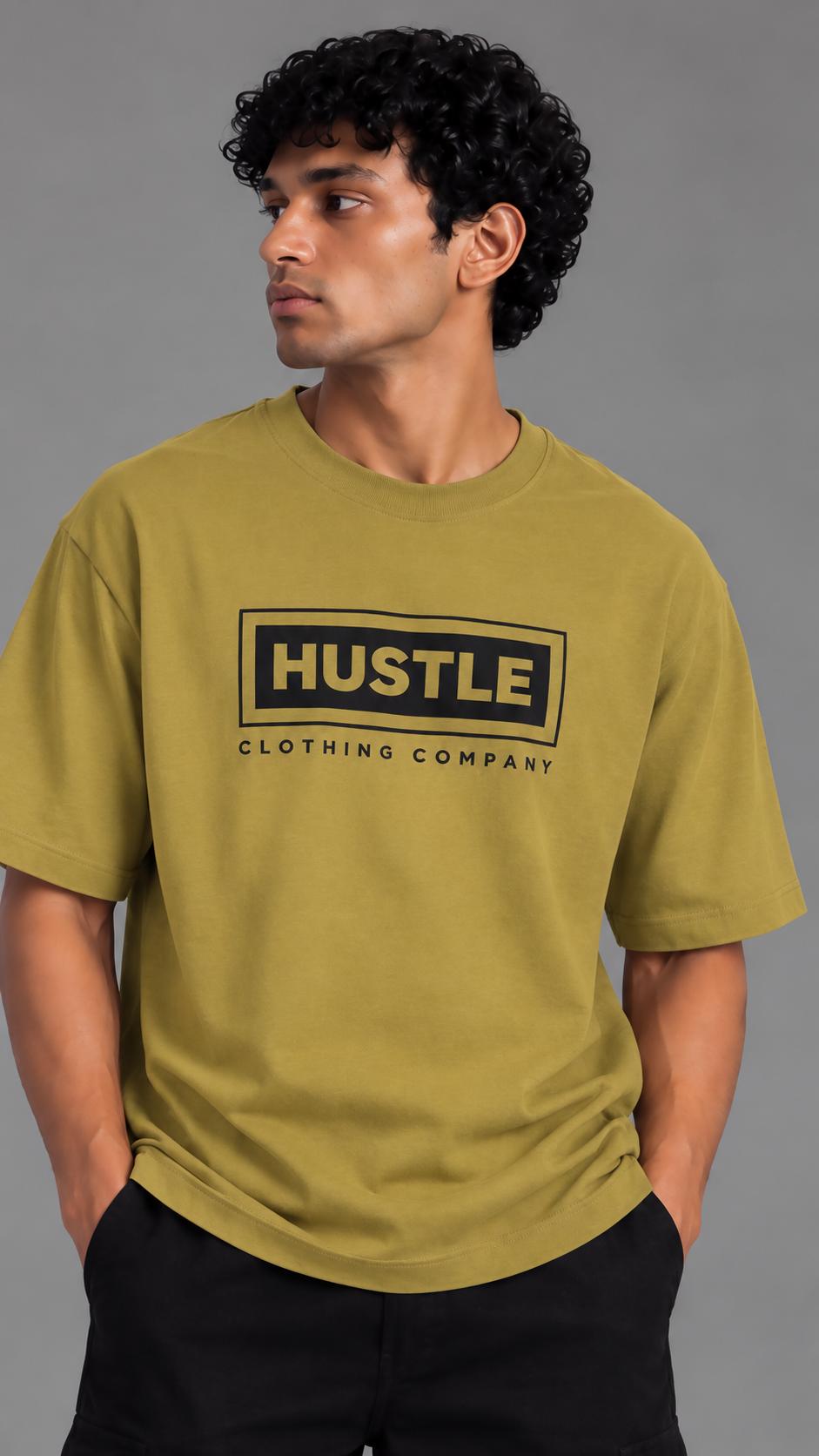 HUSTLE Men's Crew Neck Oversized T-Shirt – Golden Olive