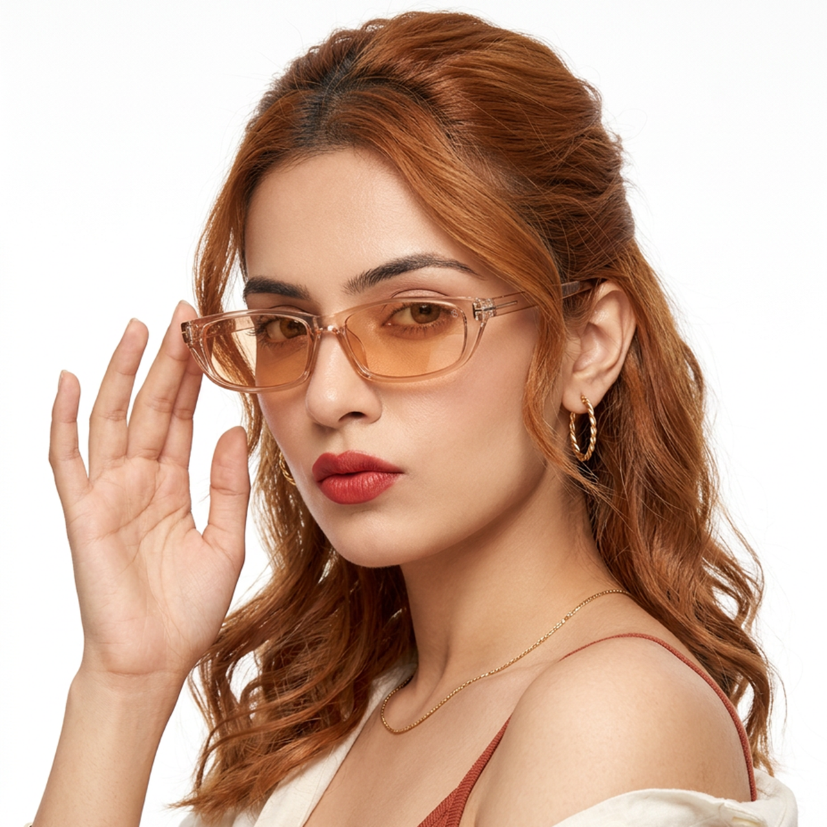 Eyejack Orange Rectangle Sunglasses for Men and Women - Style 1022 - worn by a male model (image 1)