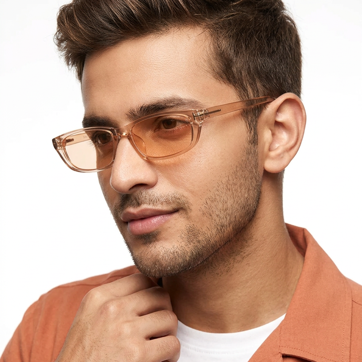 Eyejack Orange Rectangle Sunglasses for Men and Women - Style 1022 - worn by a male model (image 3)