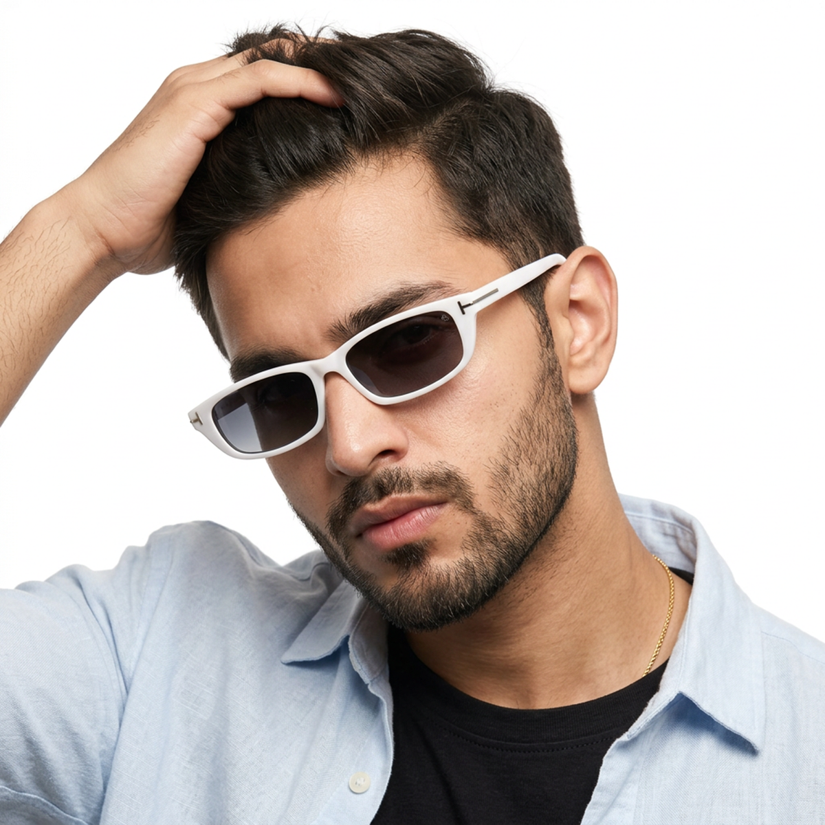 Eyejack White Rectangle Sunglasses for Men and Women - Style 1023 - worn by a male model (image 3)