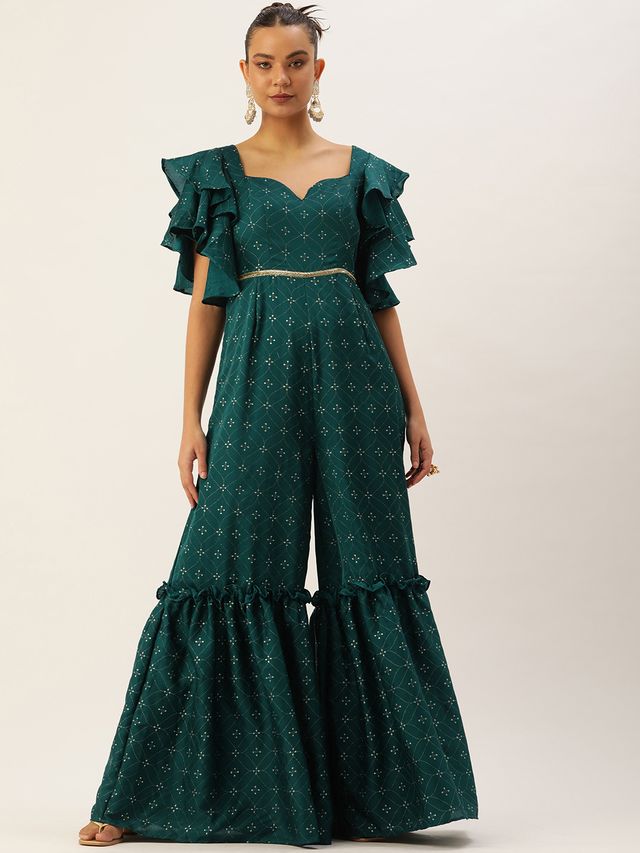 Bollywood Vogue Ready To Wear Teal Green Art Silk Foil Print Jumpsuit