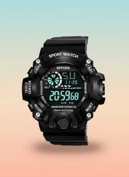 Stylish Black Digital Sports Watch for Men Multi-Functional Silicone Strap Watch