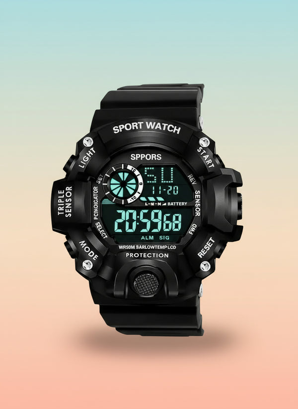Stylish Black Digital Sports Watch for Men Multi-Functional Silicone Strap Watch